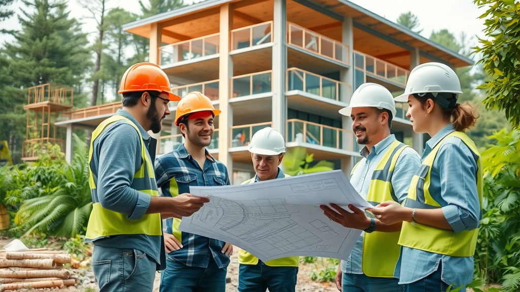 inspiring eco-friendly construction site with workers examining sustainable building materials, modern building surrounded by lush greenery