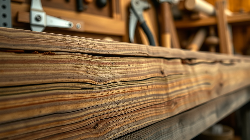 close-up of reclaimed wood planks, richly textured and warm, with natural grain in a rustic workshop setting