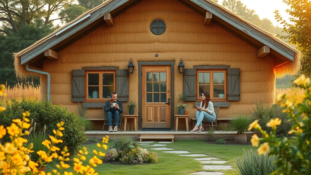 rural eco-home made with straw bale walls, sustainable lifestyle in a garden setting, photorealistic