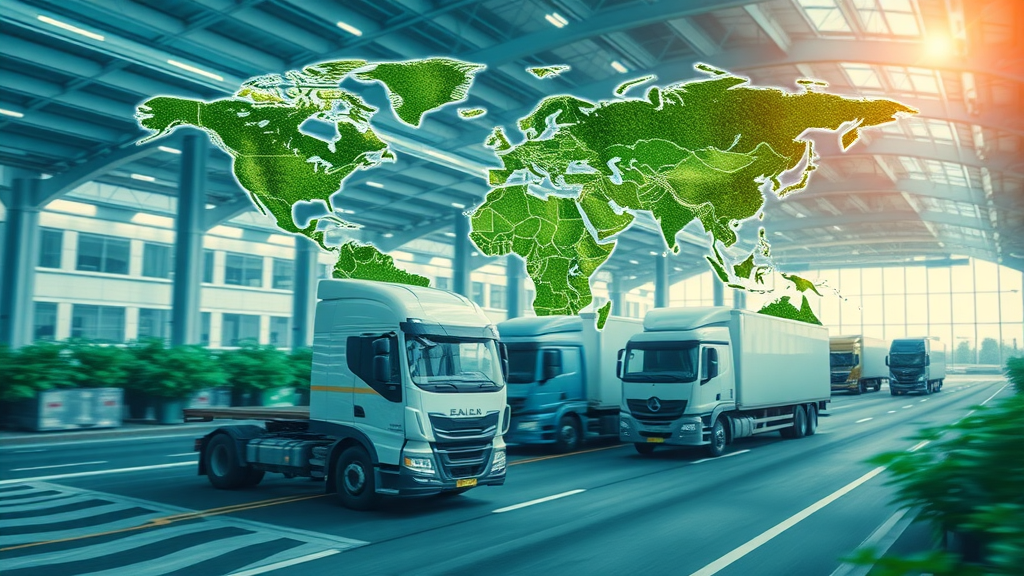 interconnected green supply chain, trucks delivering eco-materials, global map overlay, efficient logistics