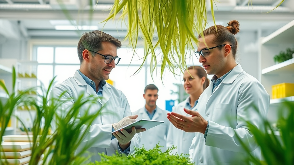 innovative natural fibre composite panels with scientists collaborating on sustainable samples in a bright lab