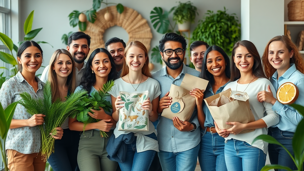 Diverse group of professionals celebrating sustainable materials like bamboo, recycled plastic, organic cotton, and eco-friendly packaging in a modern green office