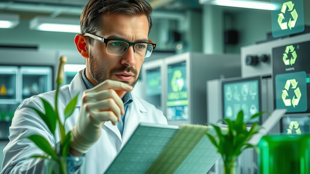 Scientist analyzing bamboo, hemp, and recycled polymers in a high-tech eco-lab with recycling symbols and interactive tech
