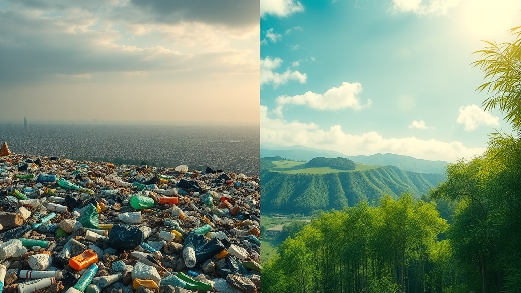 Transition from plastic-polluted landscape to lush green environment with sustainable innovations and biodegradable packaging