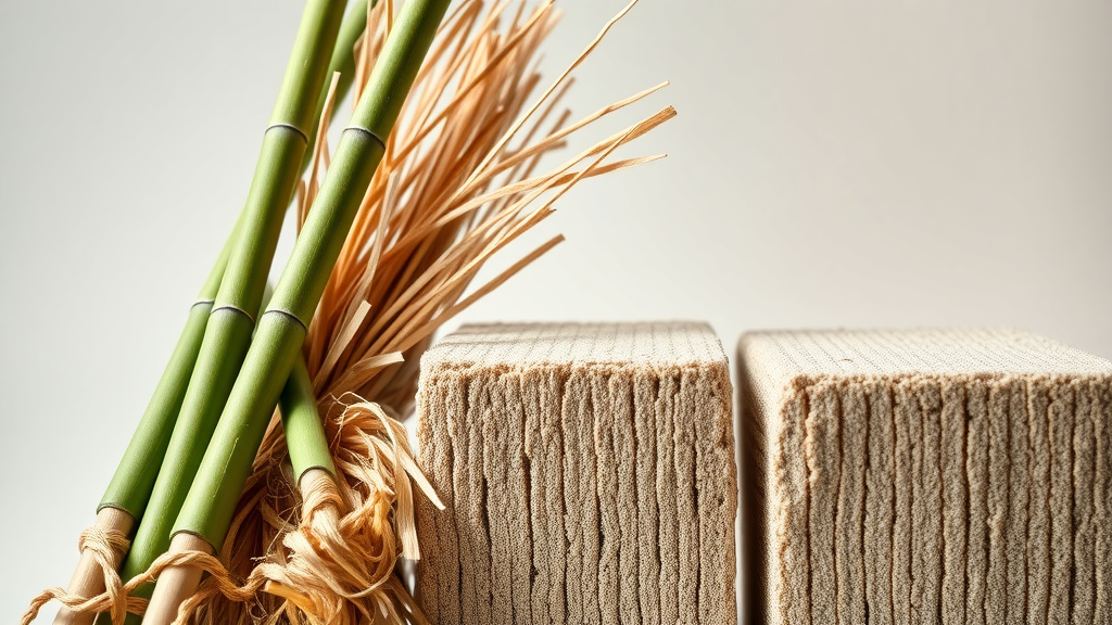 Close-up of bamboo, hemp fibers, and rammed earth blocks arranged side by side in an eco-friendly studio