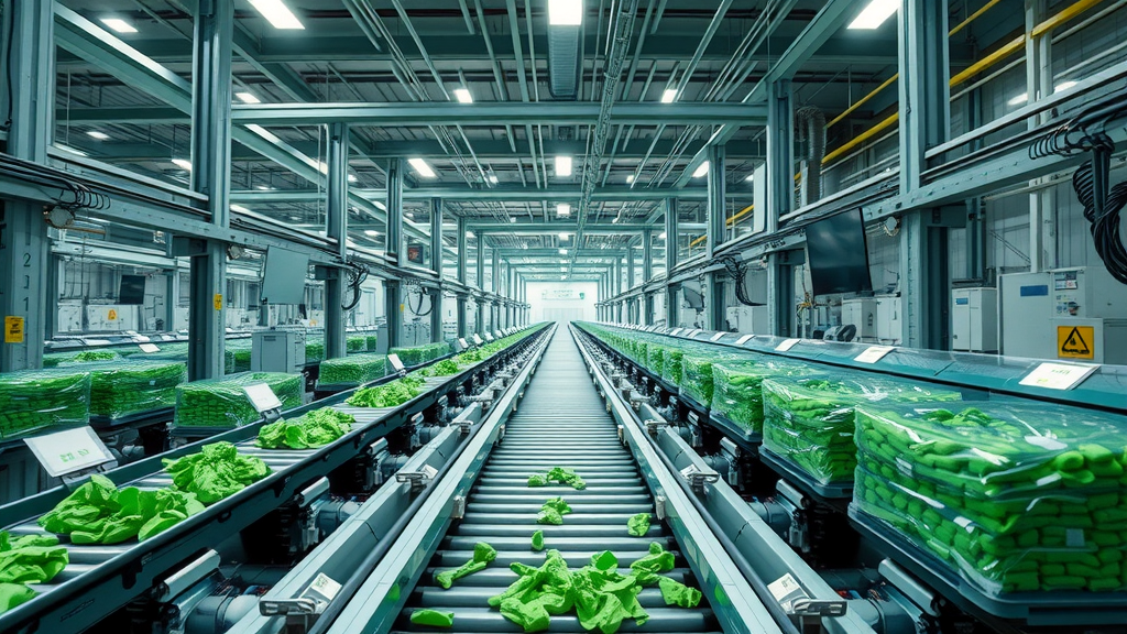 Futuristic factory with recycling robots and conveyor belts producing sustainable materials in a circular flow