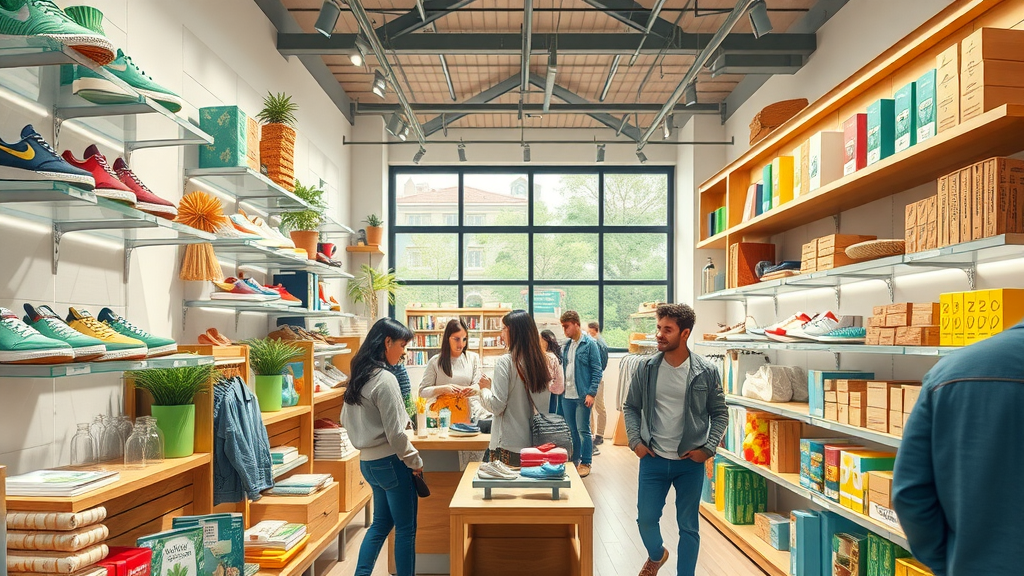 Retail display of sustainable products like eco sneakers, bamboo furniture, recycled packaging, organic fiber clothing in a lively urban store