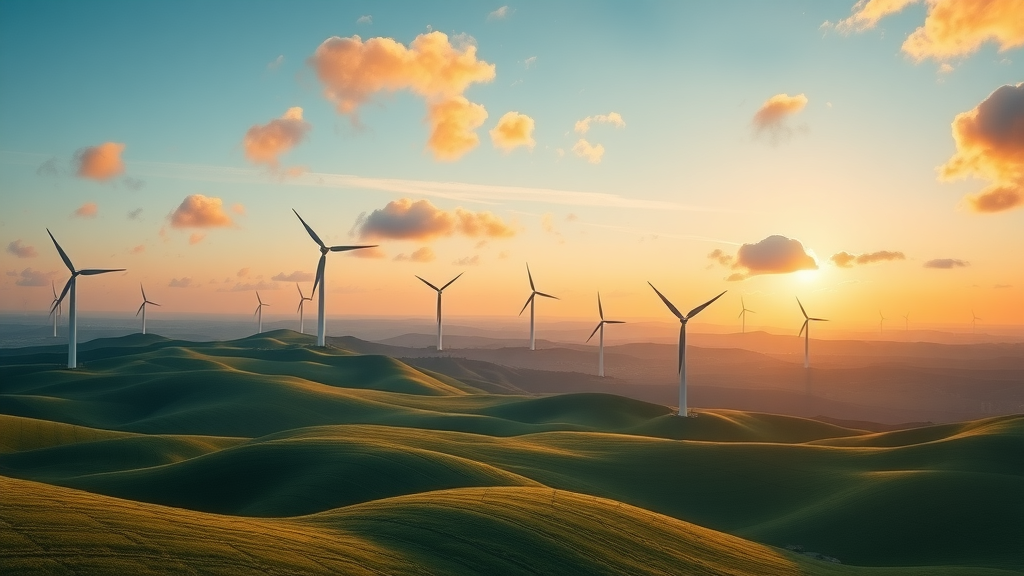 vast wind farm at sunrise with spinning turbines powered by renewable resources