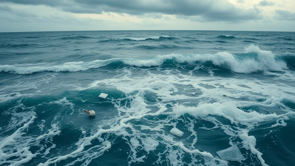 Dramatic ocean scene showing floating plastic waste and swirling currents—highlighting the urgent need for biodegradable materials solutions