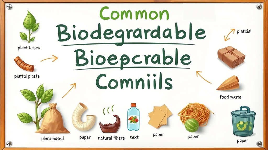 Educational infographic showing types of biodegradable materials such as plant-based plastics, paper, and natural fibers