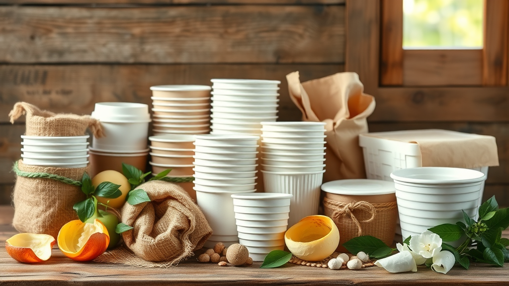 Collection of biodegradable products like paper cups, compostable containers, burlap sacks, and fruit peels arranged on a natural wooden surface