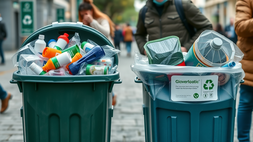 Two trash bins in an urban landscape—one with conventional plastic, one with biodegradable plastic, highlighting their differences for waste management