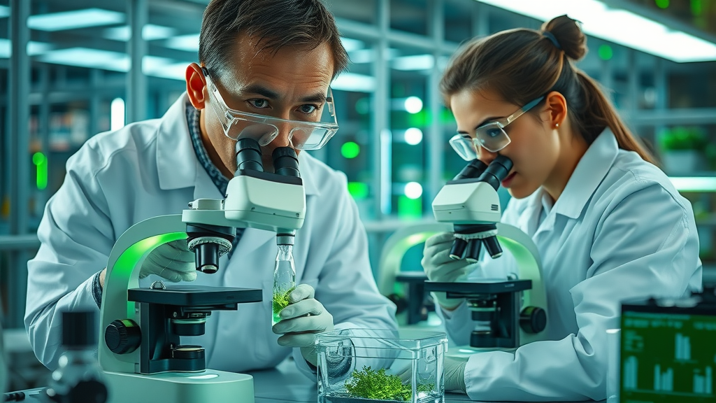 Laboratory scene showing scientists developing new biodegradable materials from renewable resources