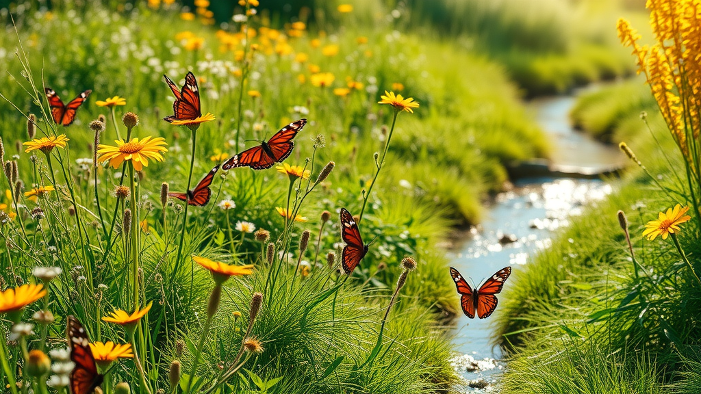 Vibrant, clean meadow without trash, lush plants and butterflies illustrating the environmental benefits of biodegradable materials