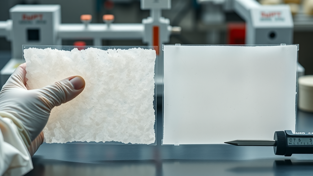 Closeup of bacterial cellulose and PLA sheets side by side under laboratory strength testing, highlighting their durability as biodegradable materials