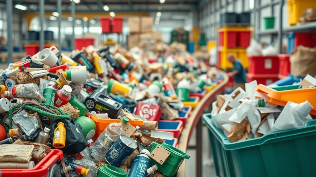 Assorted recycled materials being sorted by workers at a recycling facility with colorful bins and conveyor belts, vibrant atmosphere and bright daylight