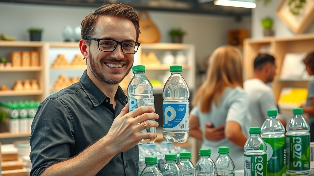 Innovative products made from recycled plastic bottles and aluminum cans displayed in an eco-friendly store, people engaging with sustainable goods