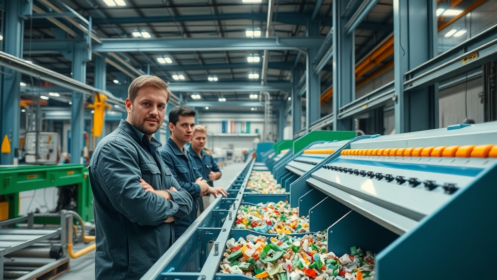 Advanced US recycling plant with workers monitoring recycling machinery and vibrant material flows under industrial lights