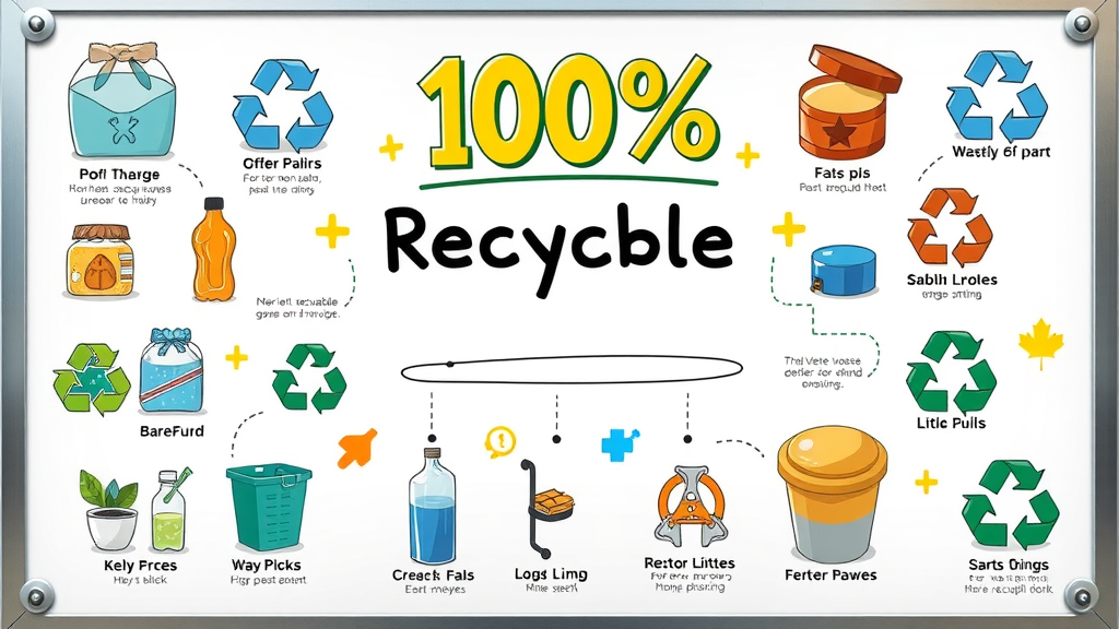 Educational infographic illustrating various 100% recyclable materials like aluminum, glass, and steel with real-world examples and icons