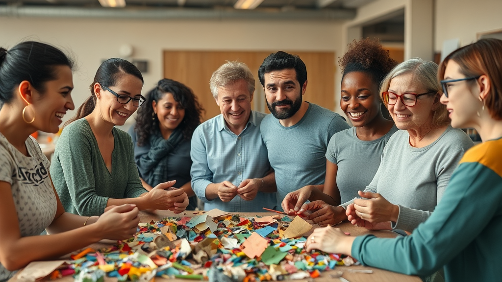 Diverse group participating in a creative recycled materials workshop at a community center, collaborating and making new items