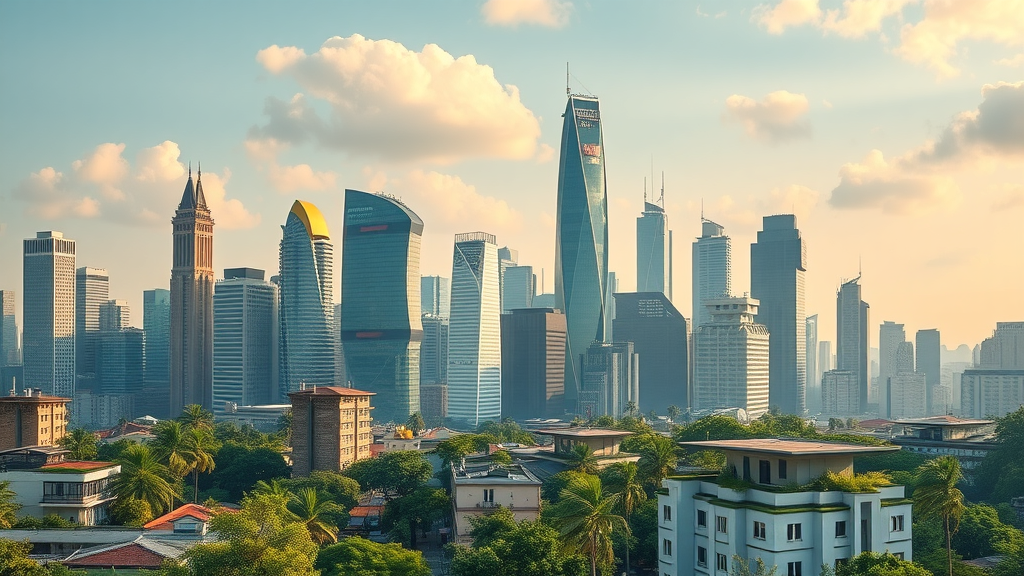 Green building materials modern sustainable urban skyline with eco-friendly skyscrapers, rooftop gardens, solar panels, and dynamic activity in the built environment.