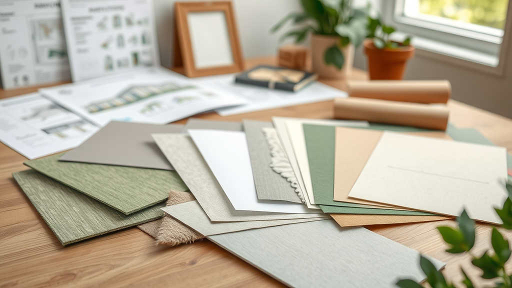Samples of eco-friendly green building materials with LEED and other certifications on a sustainable wood desk supporting modern construction industry standards.