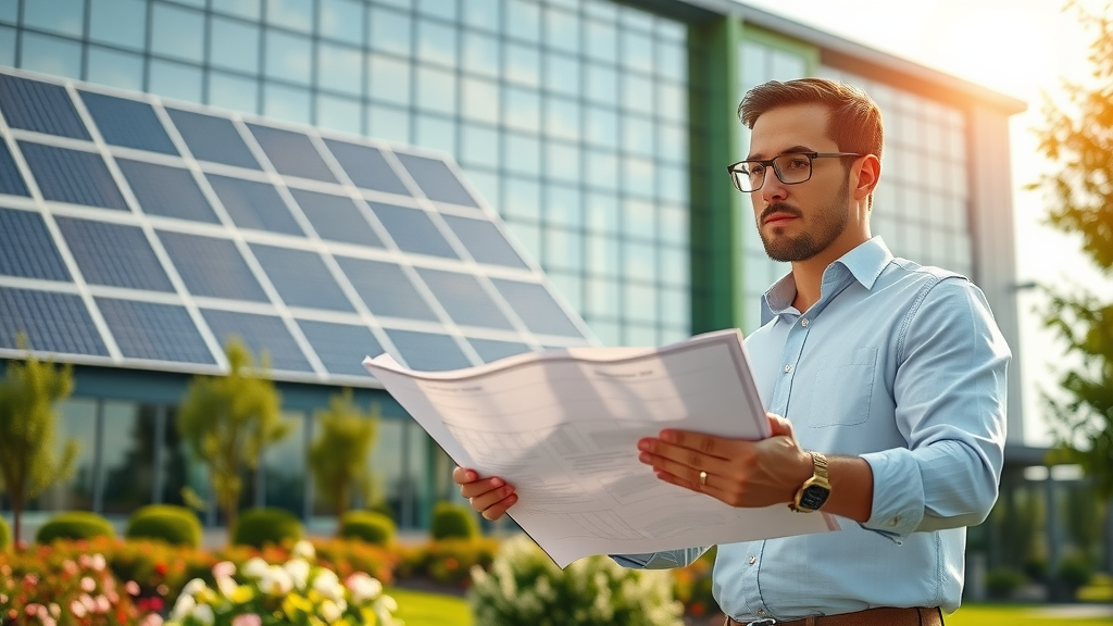 Energy-efficient building exterior utilizing solar panels, green facade, and sustainable building materials for maximum energy efficiency and low environmental impact.