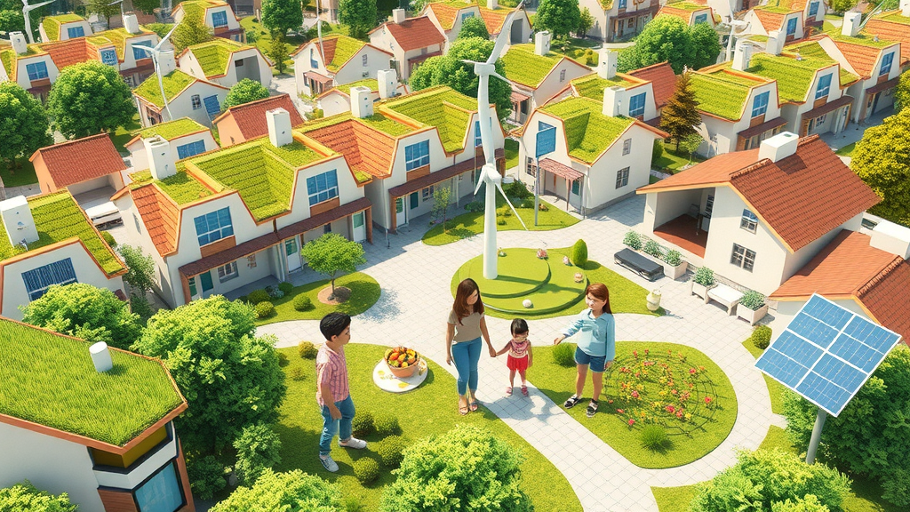 Modern eco-residential community using green building materials, green roofs, and sustainable construction material, fostering healthy built environment and family well-being.