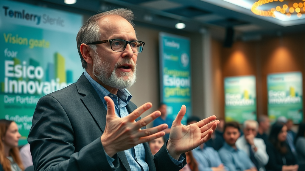 Visionary architect discusses sustainable building materials and green innovation at a construction industry conference.