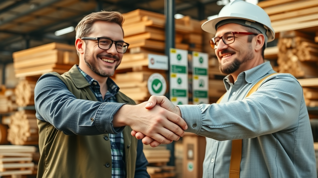 Close-up of a builder and sustainable material supplier shaking hands over eco-certified green building materials in a construction supply setting.