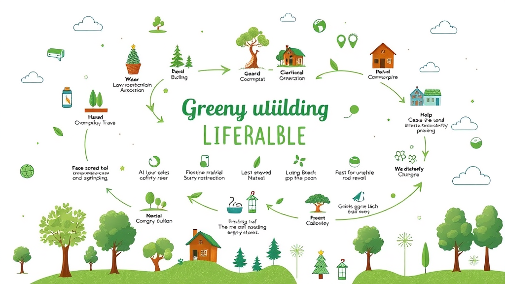 Infographic showing the life cycle of green building materials from sourcing and construction to recycling within the sustainable built environment.
