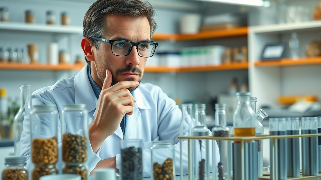 scientist evaluating raw and recycled materials for environmentally friendly criteria