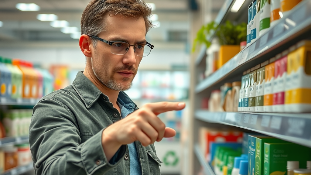 consumer examining eco-friendly product labels in store, environmentally friendly products