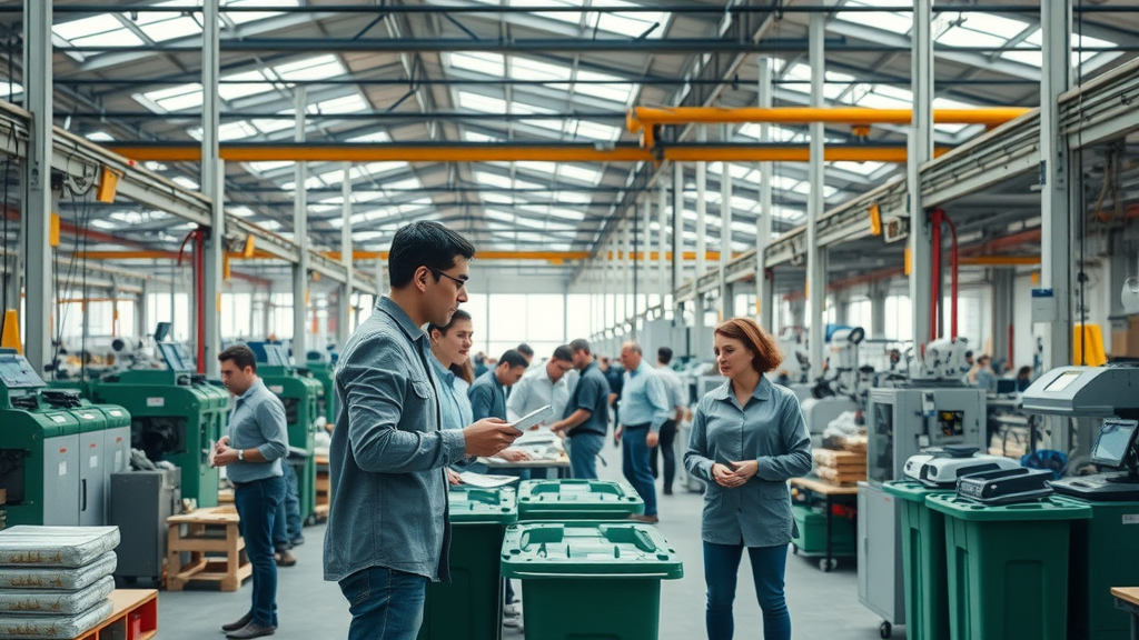 sustainable manufacturing modern factory engineers recycling bins advanced machinery collaboration