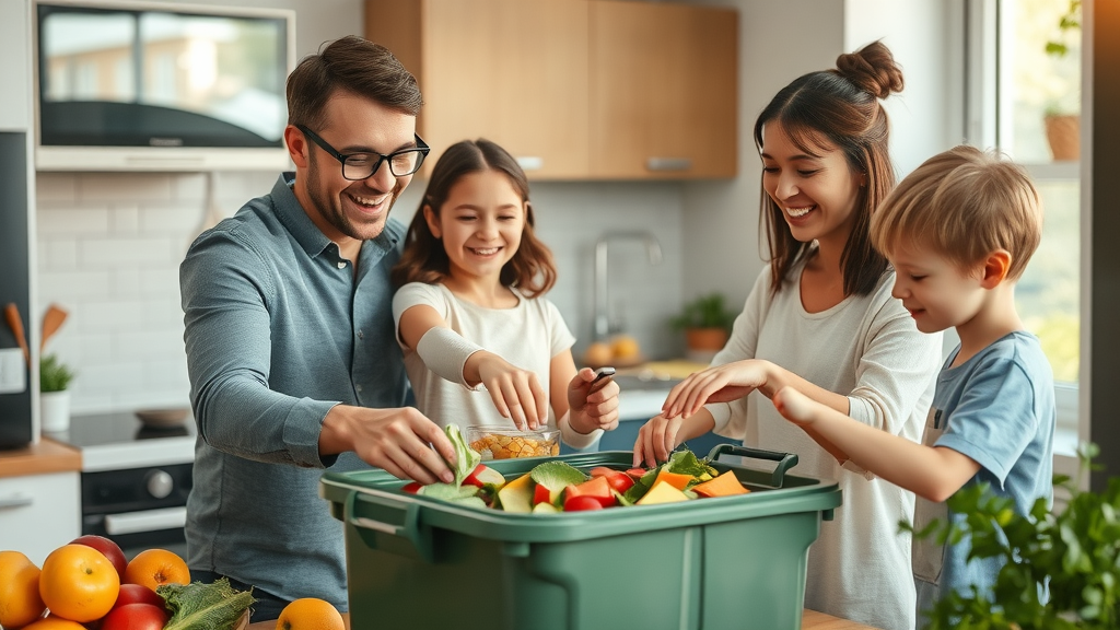 family reducing food waste composting to reduce carbon footprint