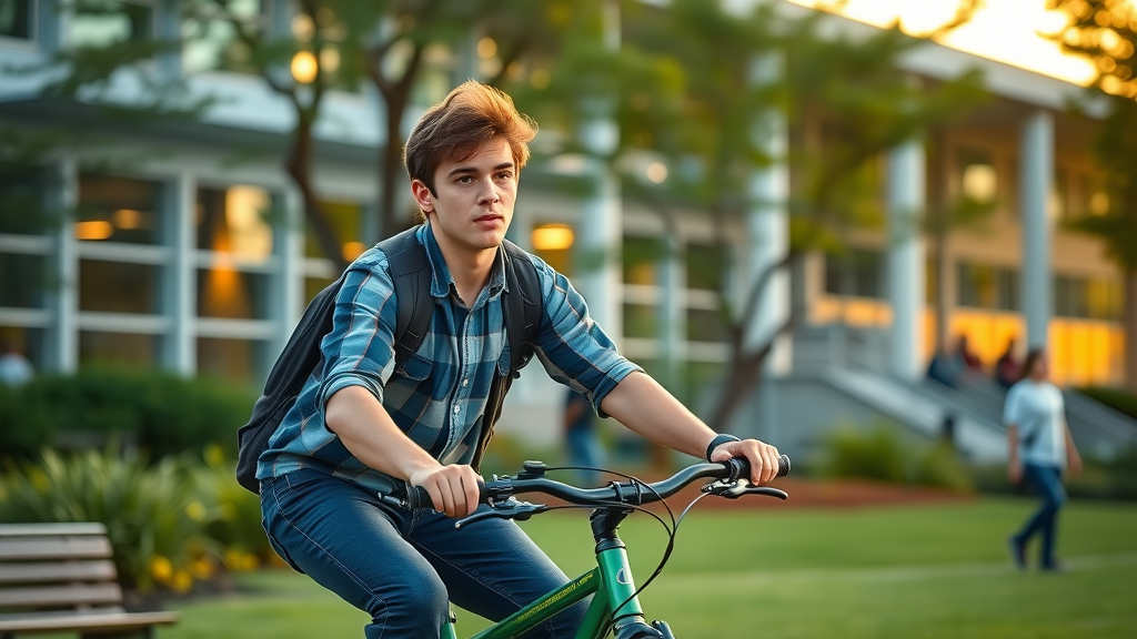 student biking on eco-friendly campus reduce carbon footprint