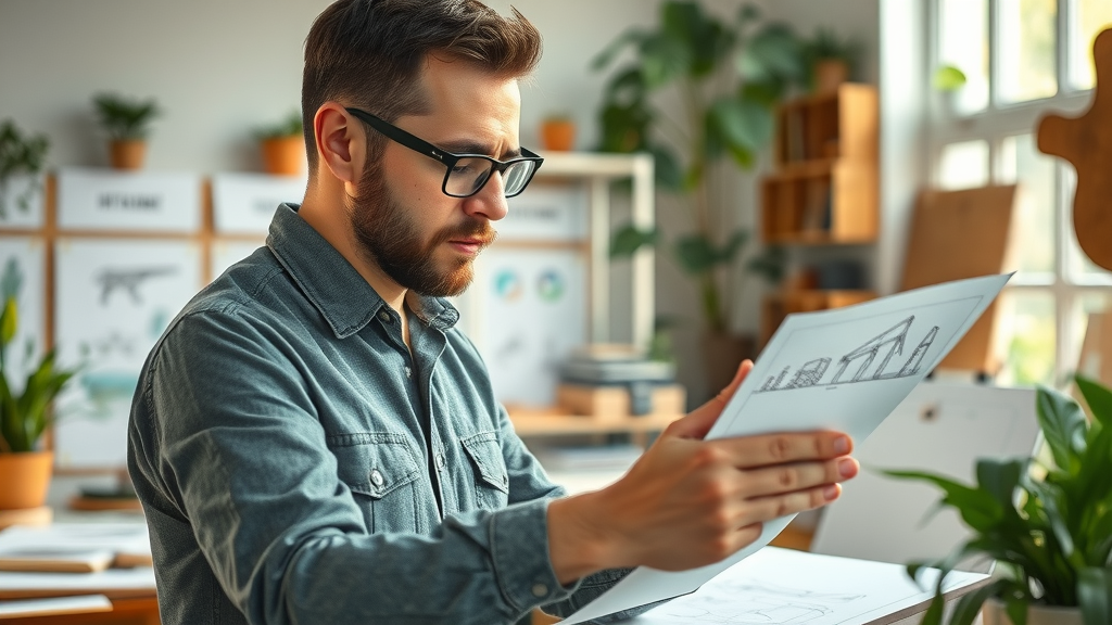 Insightful industrial designer pondering over eco-friendly sustainable product design sketches in a well-lit studio with natural materials and digital pads