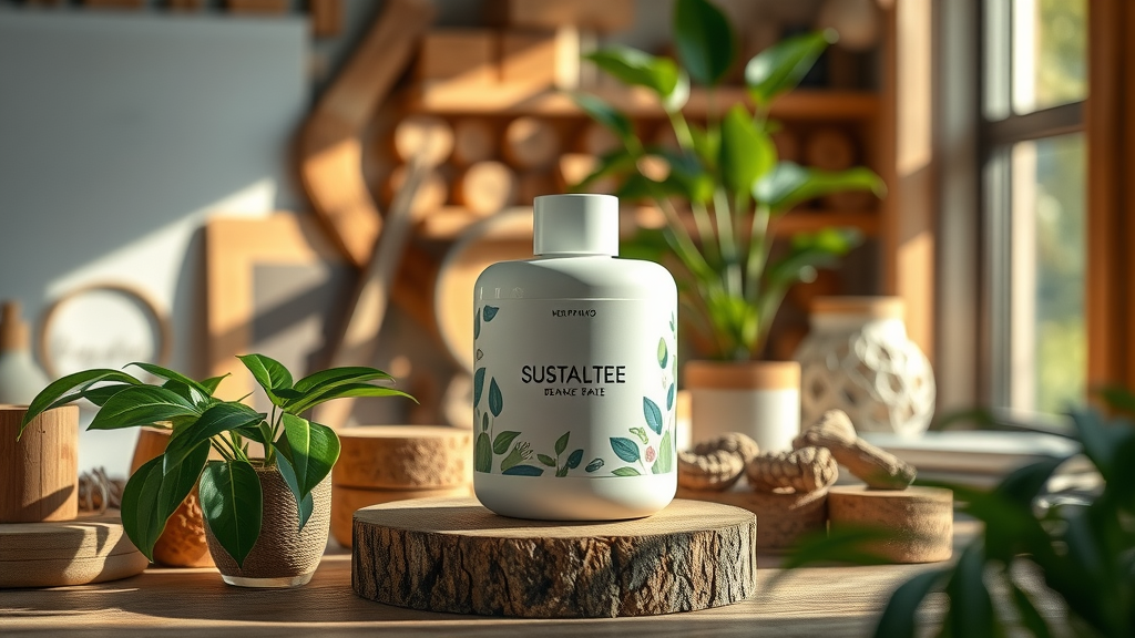 Modern sustainable product displayed with natural materials and eco-conscious design in a minimalistic workspace emphasizing sustainable product design concepts