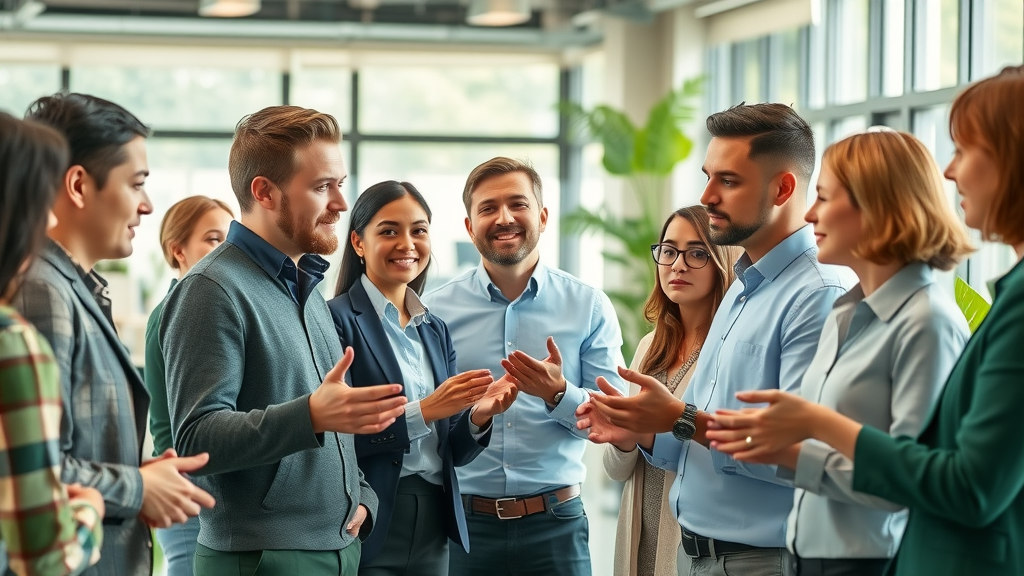Diverse professionals examining leading eco-friendly products in a sunlit, modern office representing current trends in sustainable product design