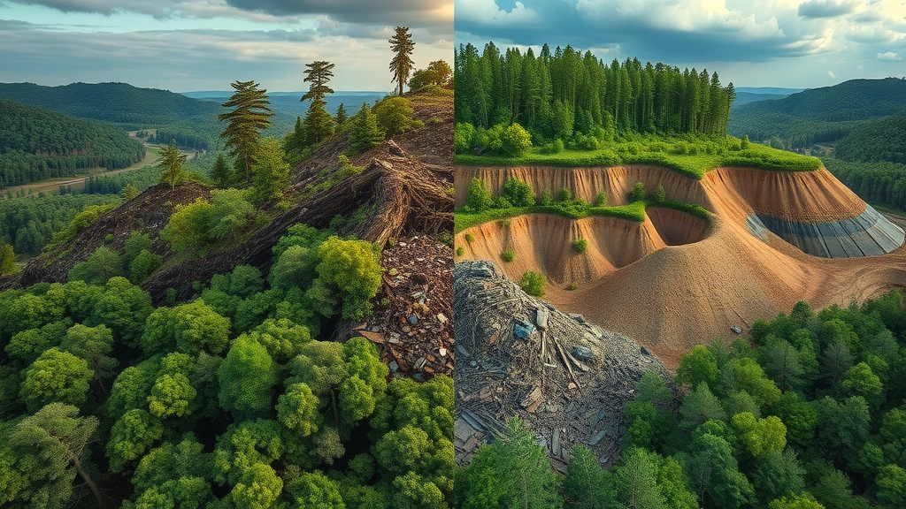 Split visualization showing sustainable product design effect: lush forest vs. traditional landfill symbolizing environmental impact reduction