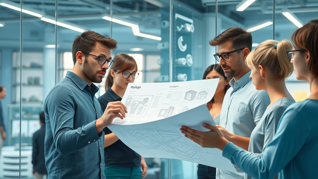 Collaborative creative design team reviewing blueprints for a circular economy product in a futuristic studio, showcasing sustainable product design strategies