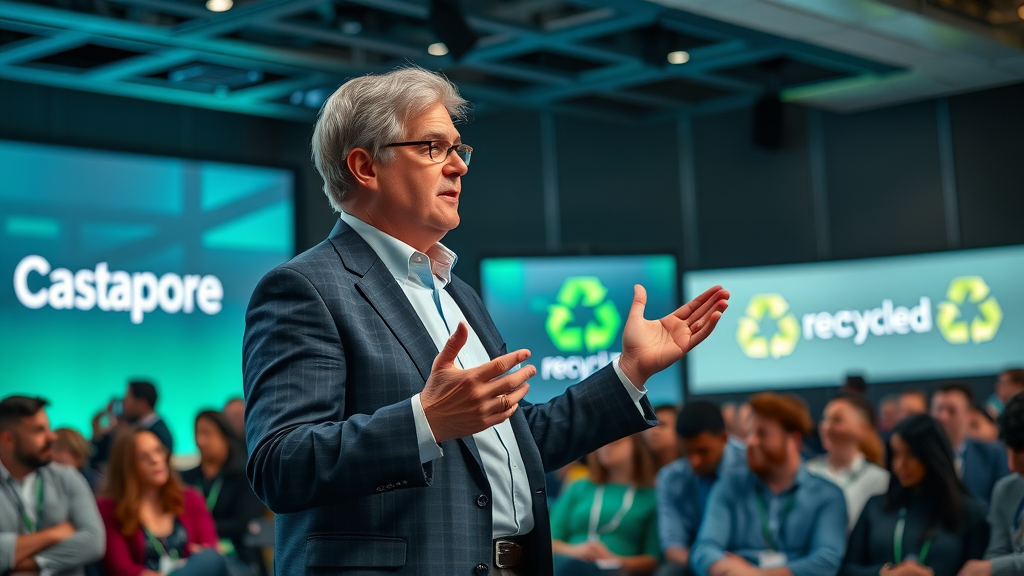 Inspiring brand leader presenting sustainable product design initiatives on a modern conference stage to a motivated audience