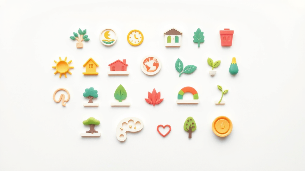 Symbolic icons representing environmental stewardship, social responsibility, economic viability, and technical feasibility—the four core features of sustainable product design