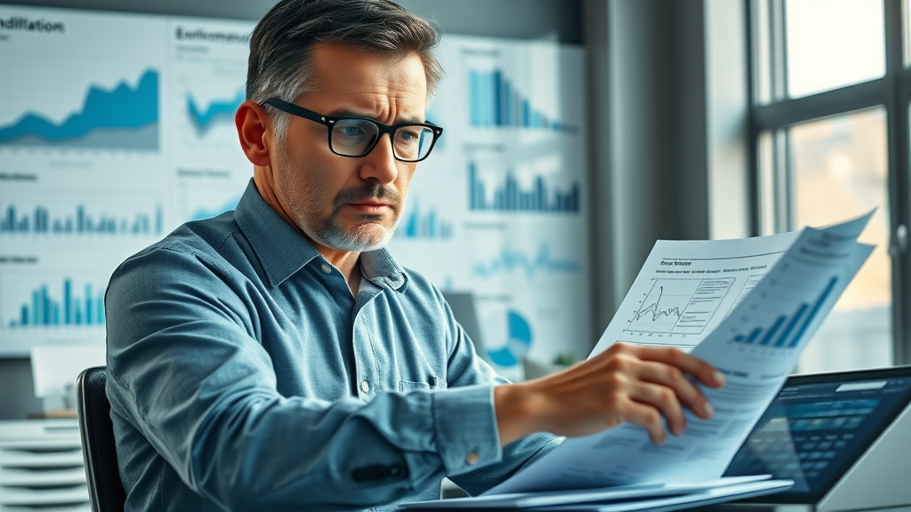 life cycle assessment financial loss: A concerned business executive analyzes overwhelming environmental assessment reports in a modern office, dramatic charts showing negative trends