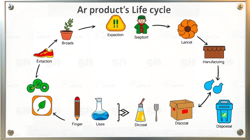 infographic of life cycle assessment core concepts: interconnected product life stages including extraction, manufacturing, use, and disposal