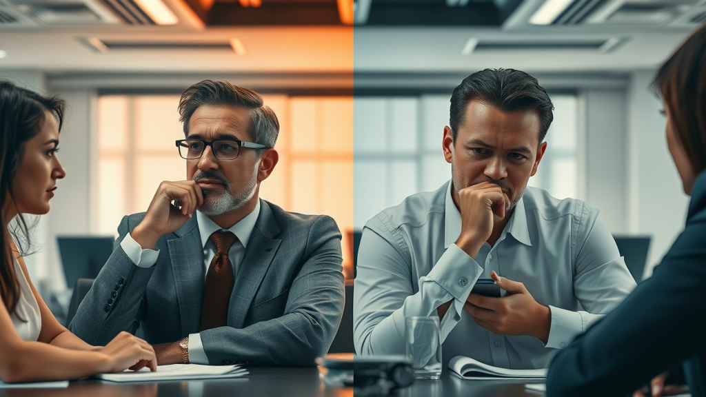 contrasting life cycle assessment results: a thriving business team and another struggling after assessment review, boardroom split-screen