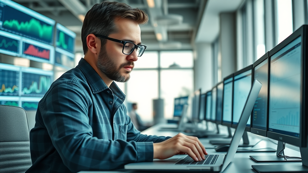 inventory analysis in life cycle assessment: analyst enters environmental data with graphical dashboards in a modern office