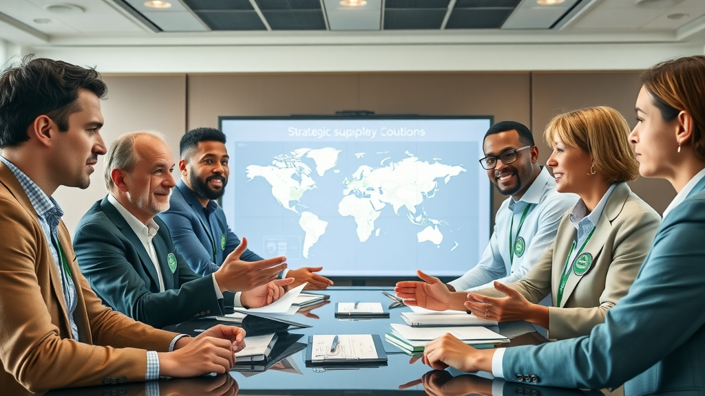 supply chain life cycle assessment integration: executives collaborate over a detailed supply chain map with sustainability highlights
