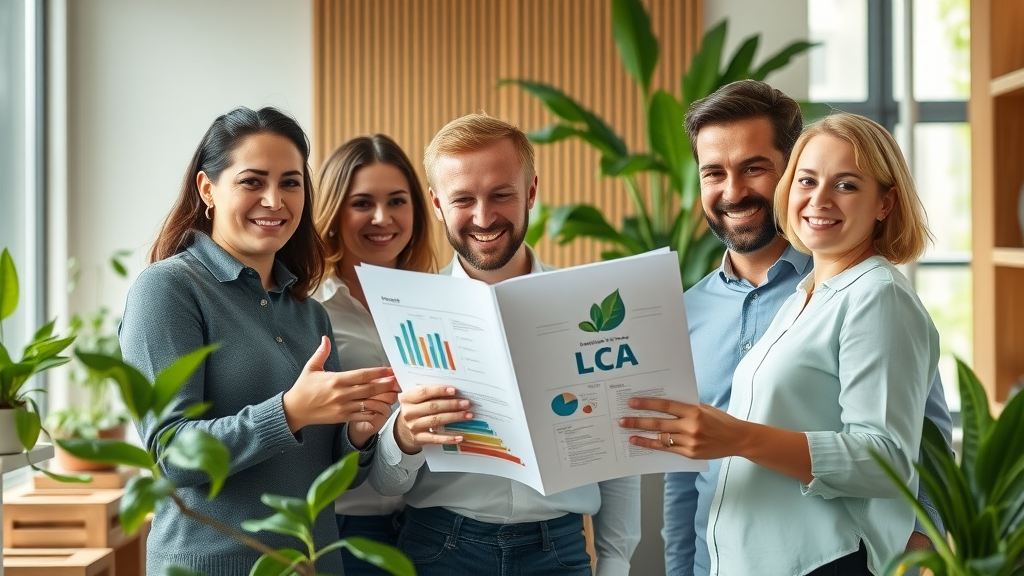 life cycle assessment success: confident team celebrates sustainable environmental achievement in a bright, eco-friendly office